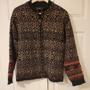 VTG Nomadic Traders Women's Size L Black Lambs' Wool Geometric Full Zip Sweater